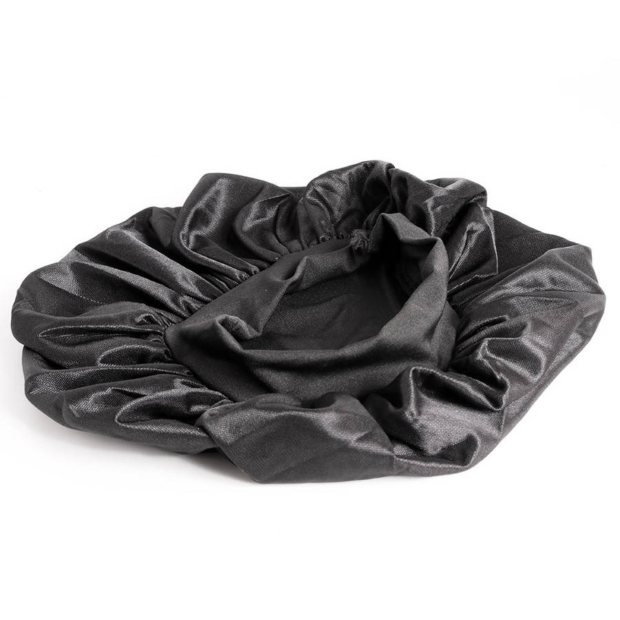 Wide Band Sleep Bonnet Cap in breathable Black Satin Fabric