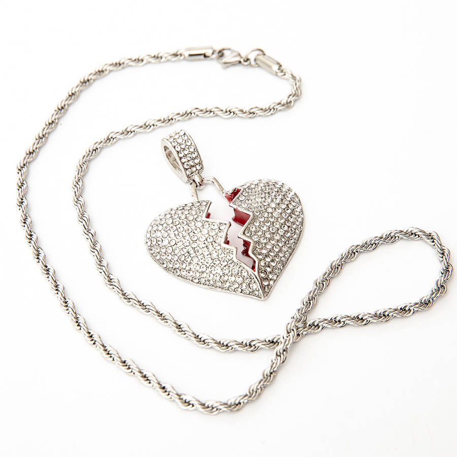 20" Iced Silver Broken Heart Pendant &amp; Chain Set