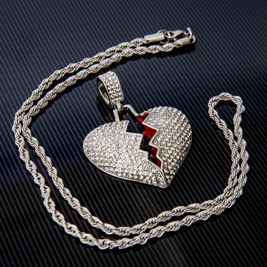 20" Iced Silver Broken Heart Pendant &amp; Chain Set