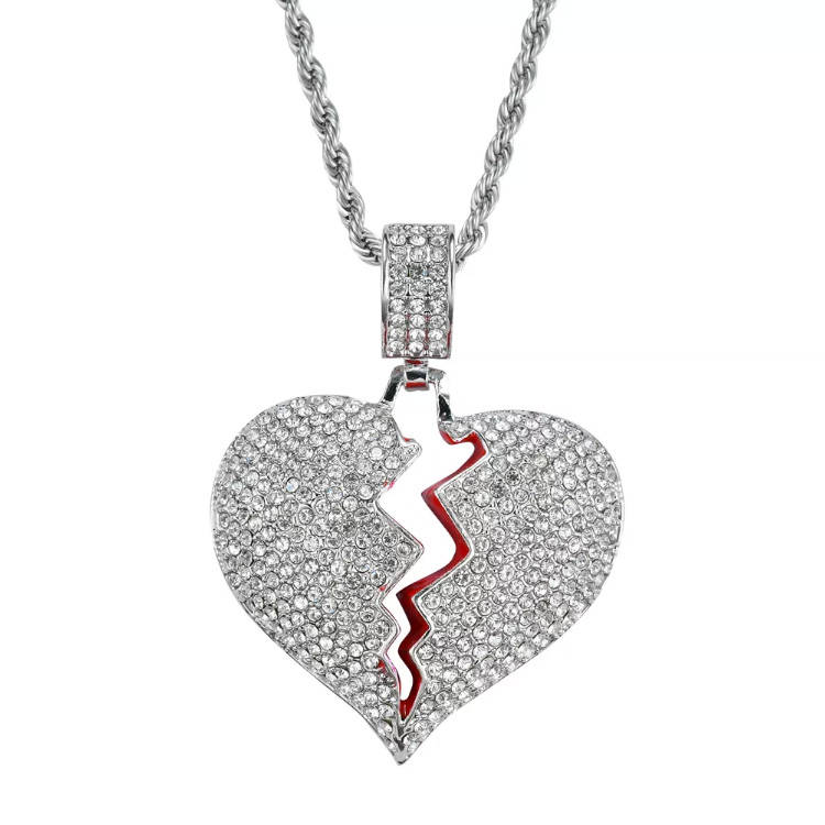 20" Iced Silver Broken Heart Pendant &amp; Chain Set