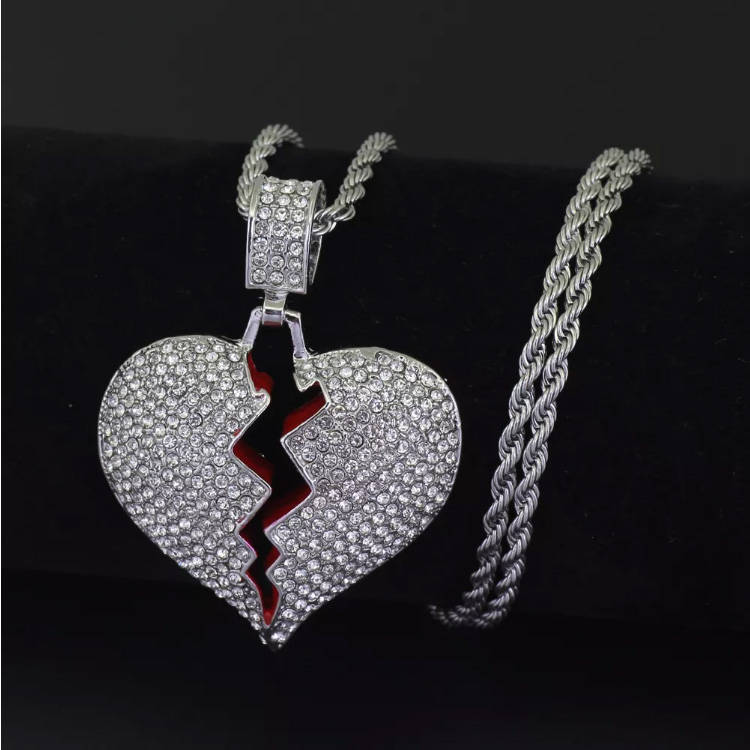 20" Iced Silver Broken Heart Pendant &amp; Chain Set