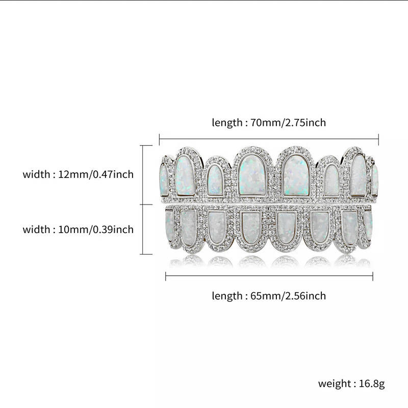 White Opal Design &amp; CZ Iced Diamond Teeth Grillz