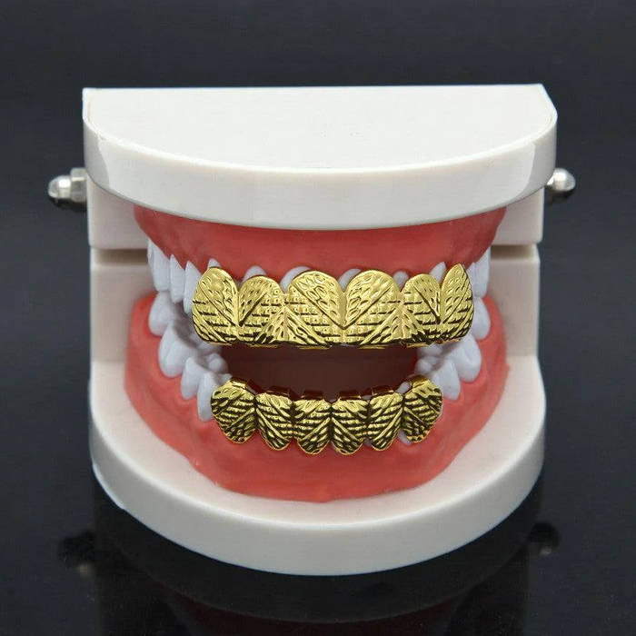 Gold Diamond Tribal Cut 6-row Upper &amp; Lower Teeth Grillz