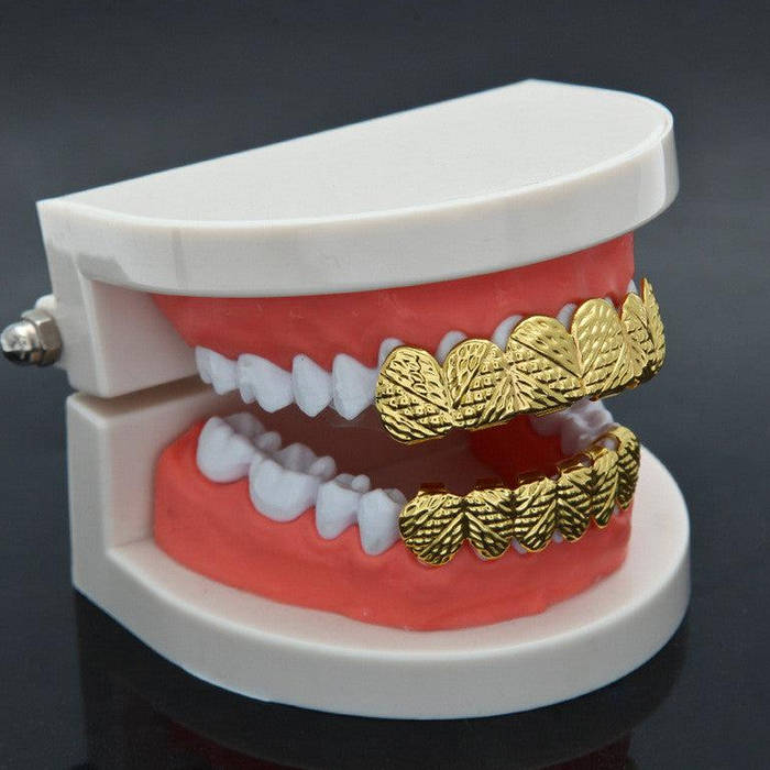 Gold Diamond Tribal Cut 6-row Upper &amp; Lower Teeth Grillz