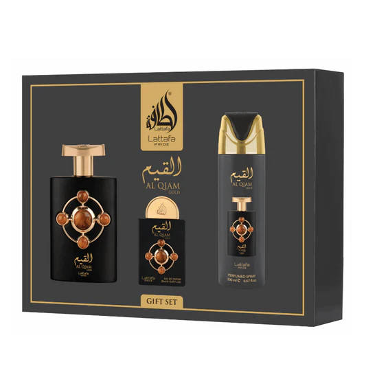 Lattafa Pride Al Qiam Gold Gift Set 100 ml + 20 ml + 200 ml Eau De Parfum Amber Oud scent