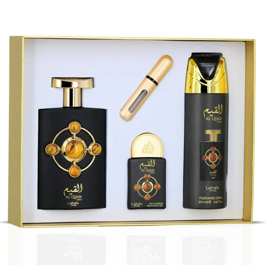 Lattafa Pride Al Qiam Gold Gift Set 100 ml + 20 ml + 200 ml Eau De Parfum Amber Oud scent