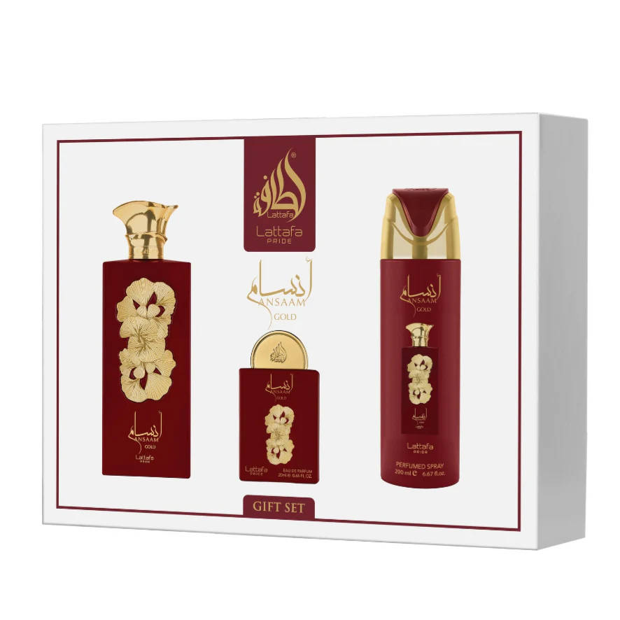 Lattafa Ansaam Gold Gift Set 100 ml + 20 ml + 200 ml Eau De Parfum Sweet scent