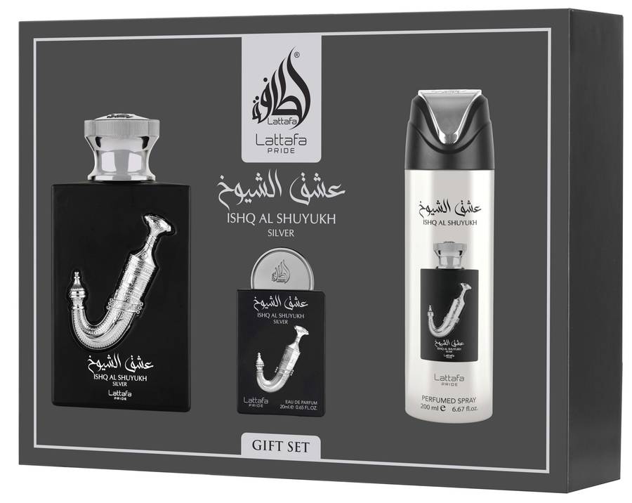 Lattafa Ishq Al Shuyukh Silver Gift Set 100 ml + 20 ml + 200 ml Eau De Parfum Sweet scent