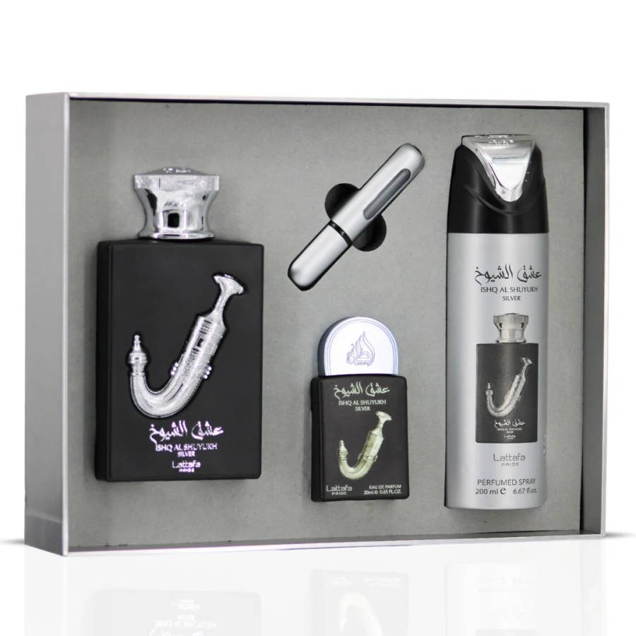 Lattafa Ishq Al Shuyukh Silver Gift Set 100 ml + 20 ml + 200 ml Eau De Parfum Sweet scent