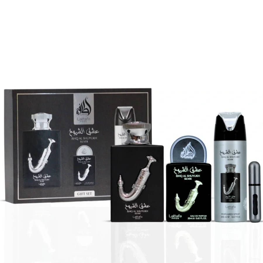 Lattafa Ishq Al Shuyukh Silver Gift Set 100 ml + 20 ml + 200 ml Eau De Parfum Sweet scent