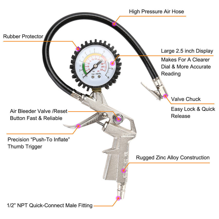 220 Psi Lock On Tire Inflator Air Pressure Gauge Pistol Chuck Hose Car/Bike Auto