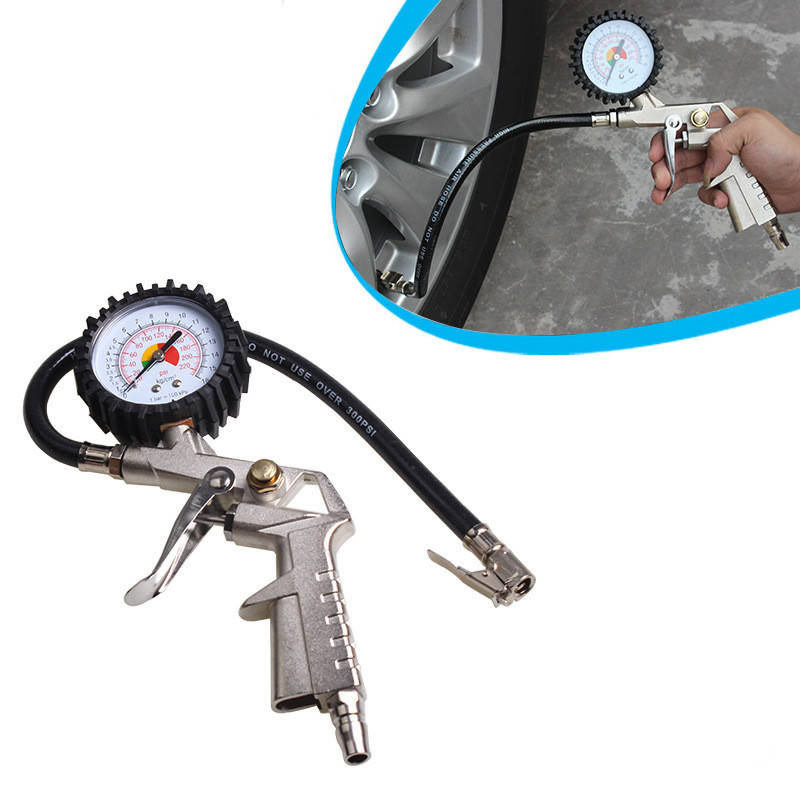 220 Psi Lock On Tire Inflator Air Pressure Gauge Pistol Chuck Hose Car/Bike Auto