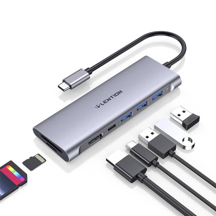 LENTION C36bHCR Type-C Hub Converter to USB 3.0 Ports HD Video Output Port Card Reader Slots PD3.0 1