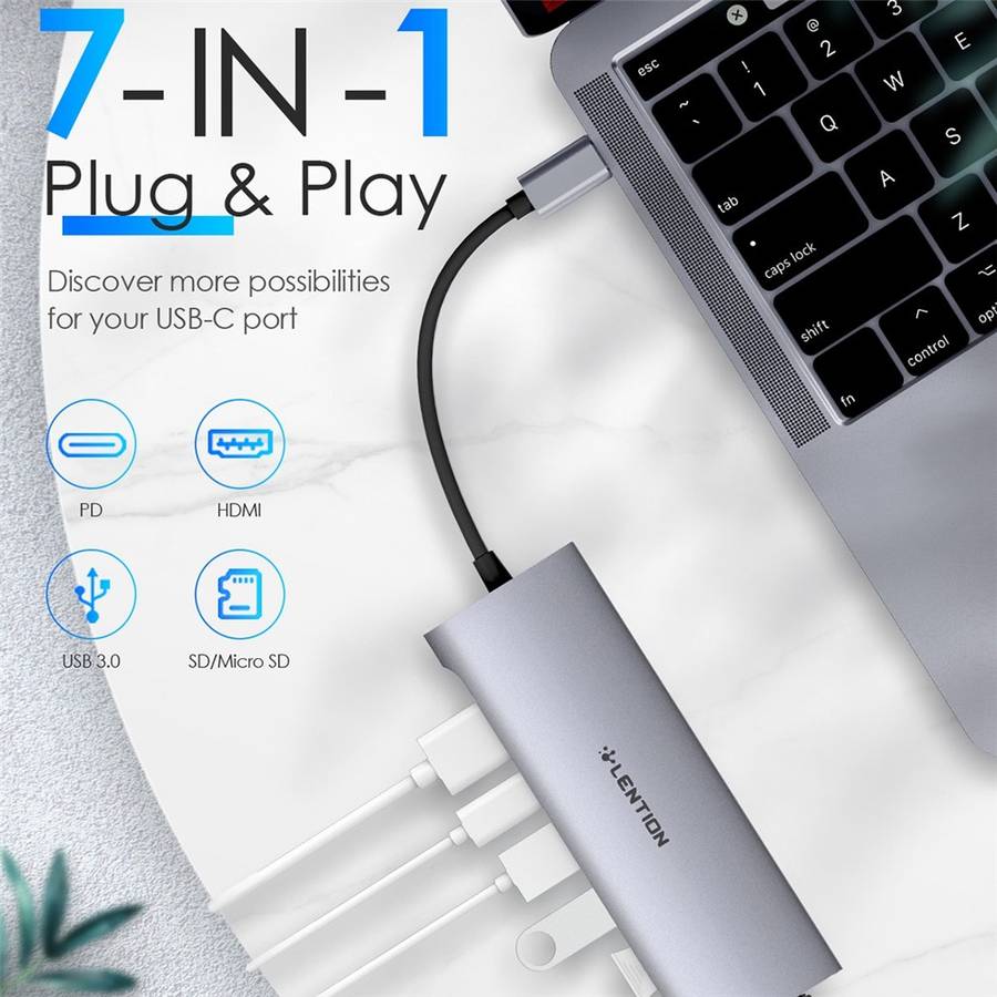 LENTION C36bHCR Type-C Hub Converter to USB 3.0 Ports HD Video Output Port Card Reader Slots PD3.0 1