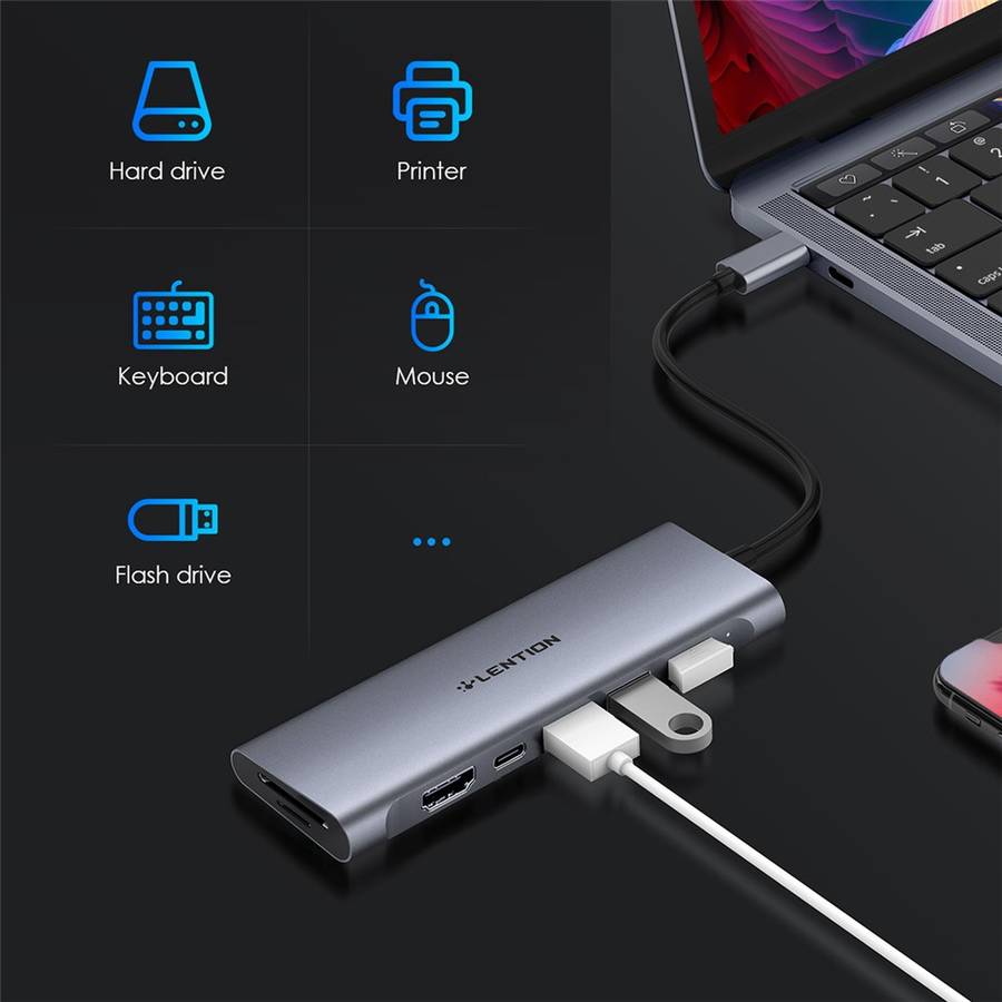 LENTION C36bHCR Type-C Hub Converter to USB 3.0 Ports HD Video Output Port Card Reader Slots PD3.0 1