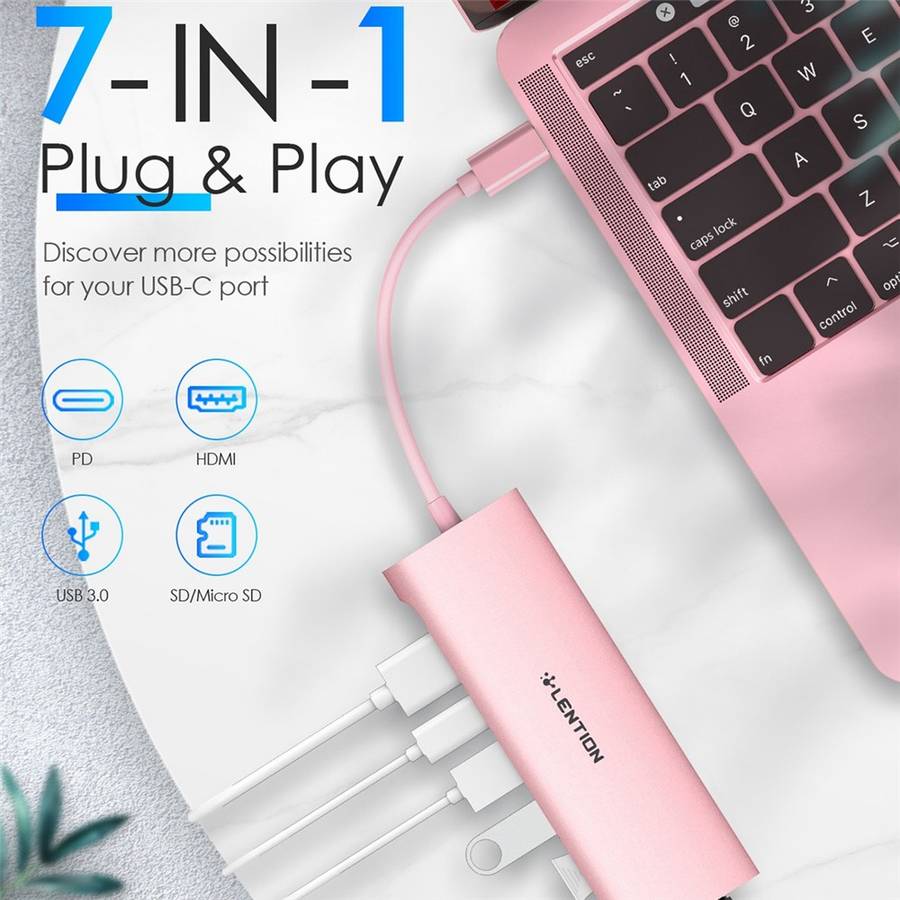 LENTION C36bHCR Type-C Hub Converter to USB 3.0 Ports HD Video Output Port Card Reader Slots PD3.0 1