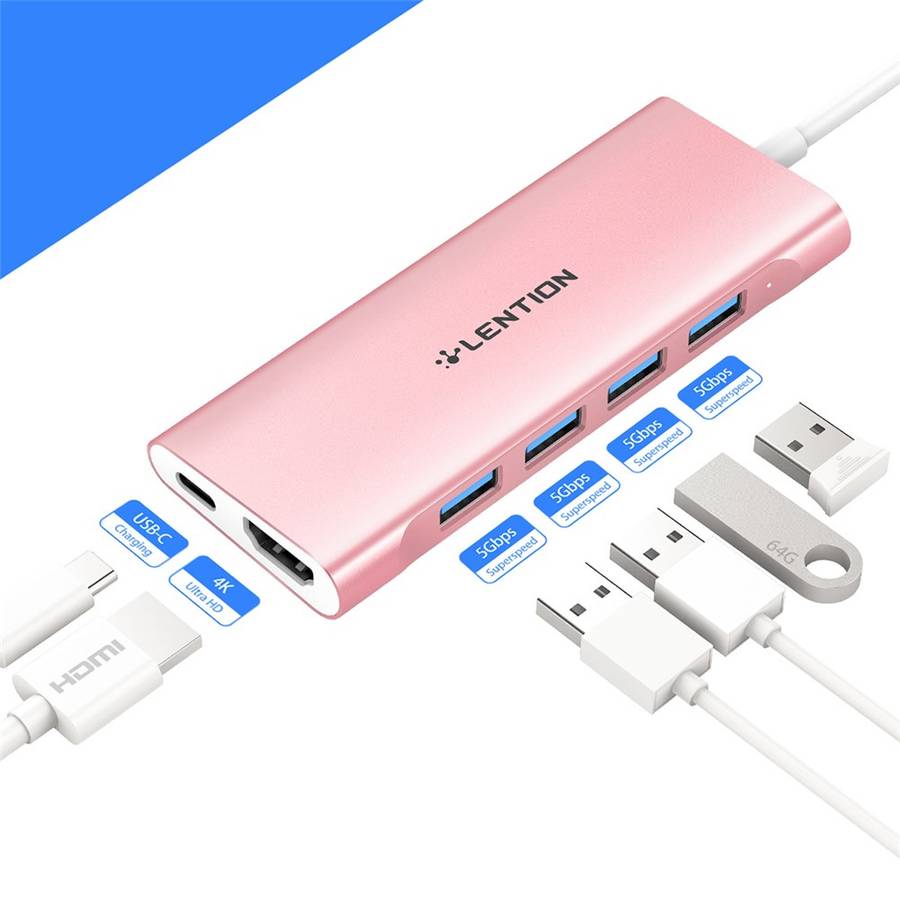 LENTION C35H-1M USB-C Hub Converter Multi-port Docking Station Type-C to 4 USB-A3.0+HD+PD Adapter Co