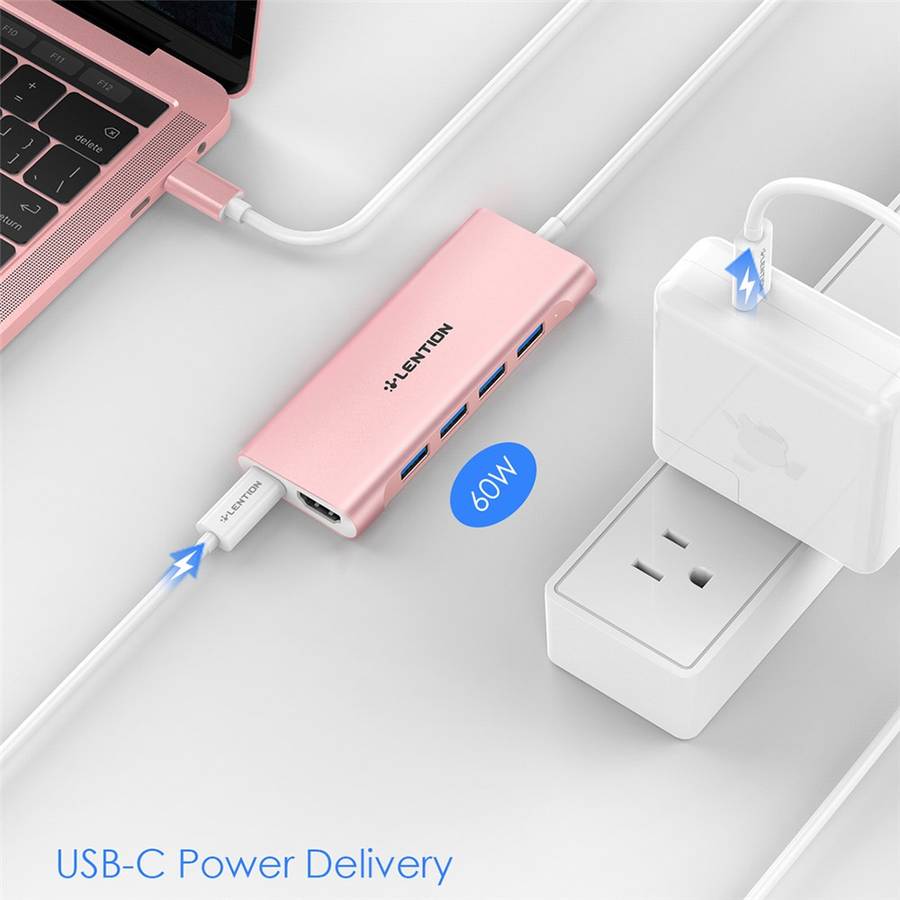 LENTION C35H-1M USB-C Hub Converter Multi-port Docking Station Type-C to 4 USB-A3.0+HD+PD Adapter Co