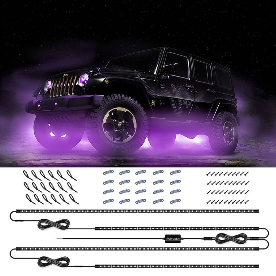 DP69 4Pcs Car Underglow Lights RGB Multi Color DIY Sound Active Music Mode Underbody Light Strips fo