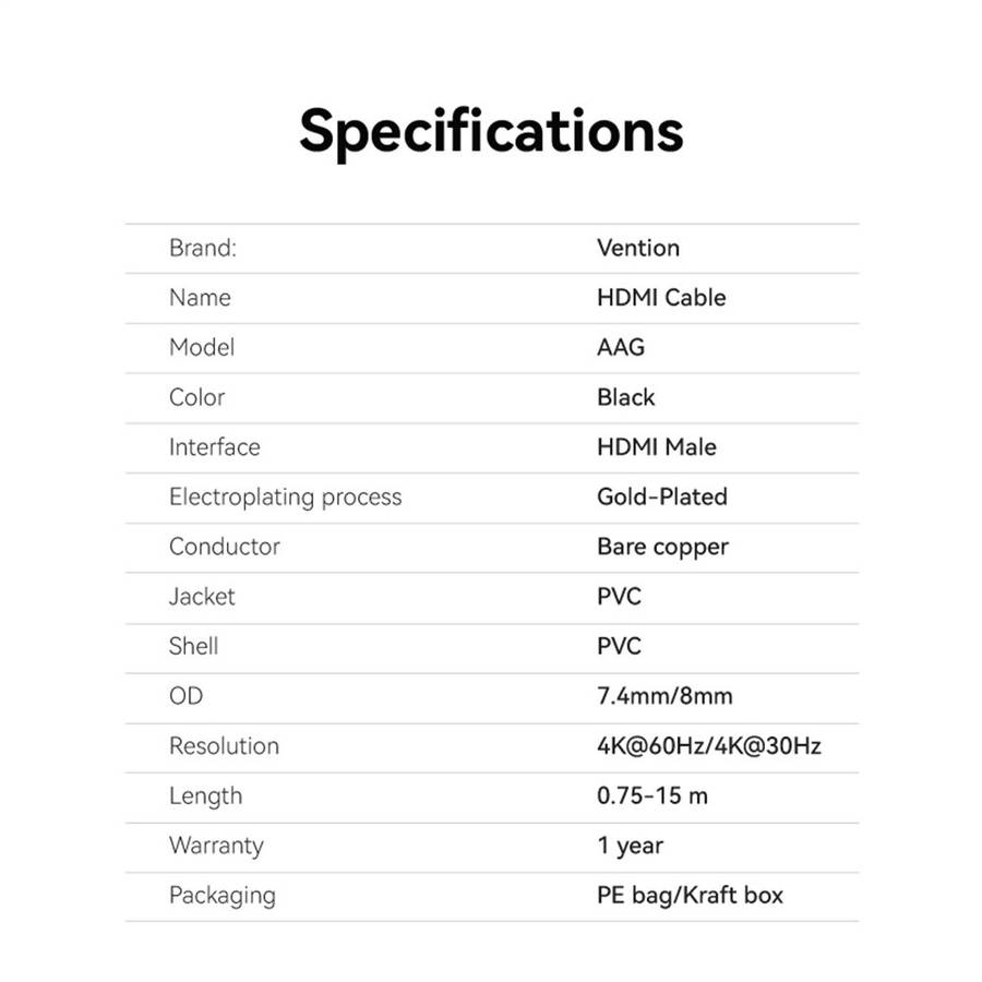 VENTION AAGBG AAG Series 1.5m HDMI Cable 4K PVC Display Cord for TV Monitor Laptop Xbox