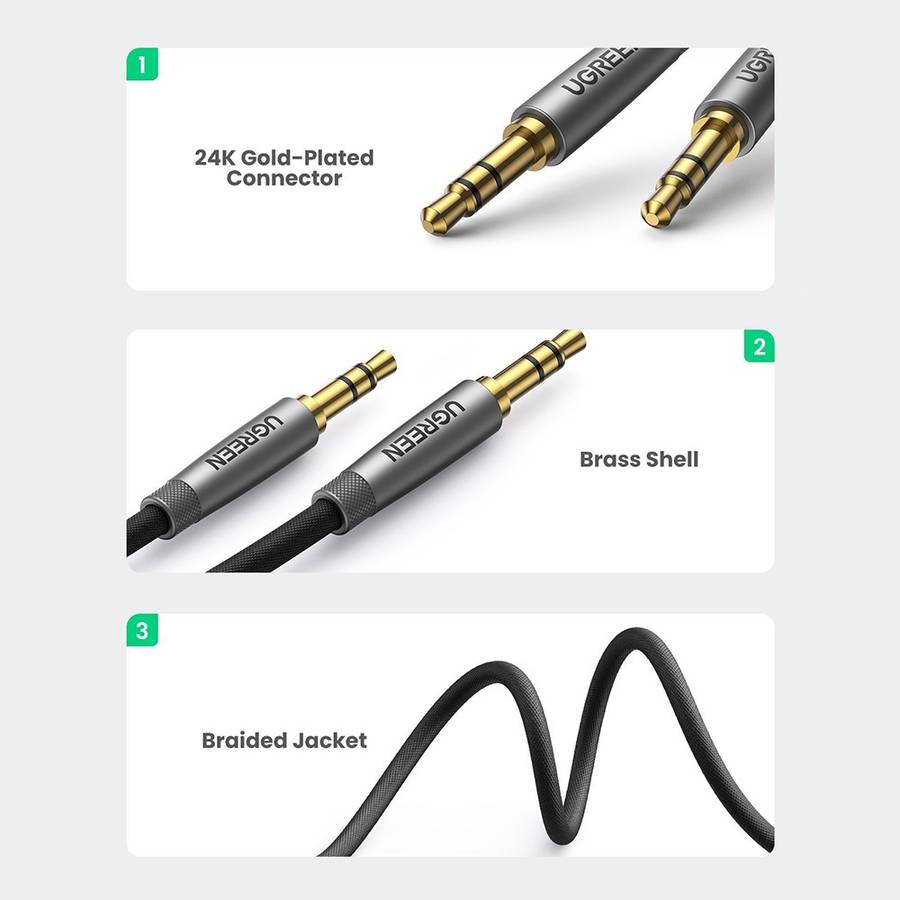 UGREEN 1m 3.5mm Jack Male to Male AUX Cord HiFi Sound Nylon Braided Audio Cable for Car Audio Headph