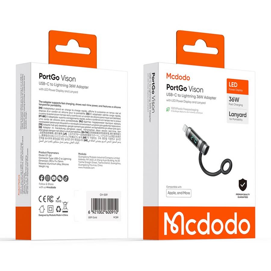 MCDODO OT-2610 MDD Digital Display PD Adapter USB-C Female to iP Male 36W Fast Charging Converter