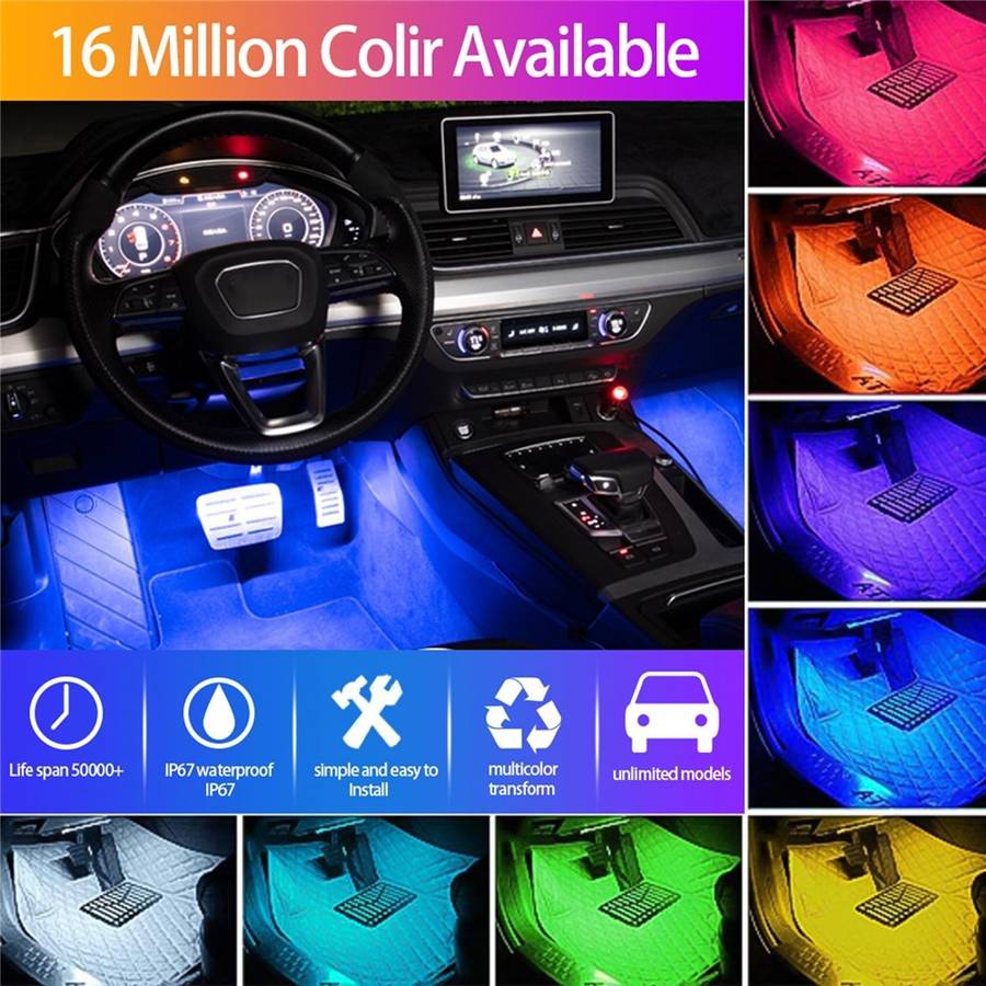 Car LED Strip Light 4Pcs 48 LED DC 12V Neon Strip Car Interior Led Decorative Lamp with Sound Active