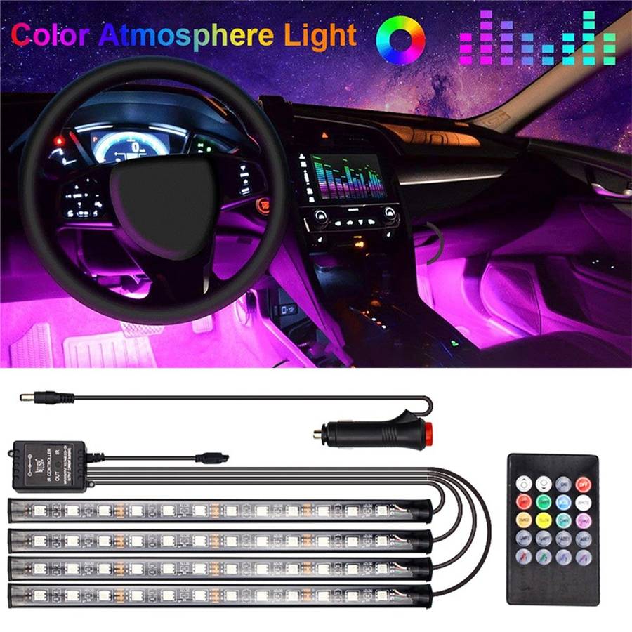 Car LED Strip Light 4Pcs 48 LED DC 12V Neon Strip Car Interior Led Decorative Lamp with Sound Active