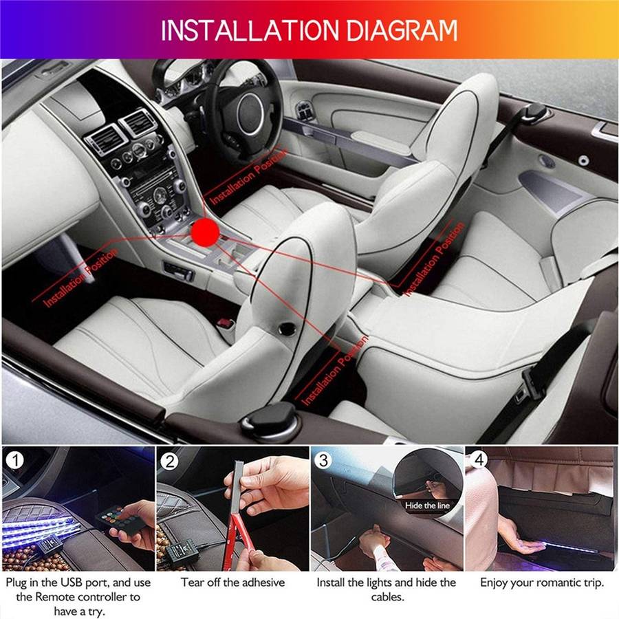 Car LED Strip Light 4Pcs 48 LED DC 12V Neon Strip Car Interior Led Decorative Lamp with Sound Active