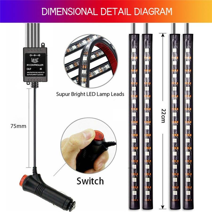 Car LED Strip Light 4Pcs 48 LED DC 12V Neon Strip Car Interior Led Decorative Lamp with Sound Active
