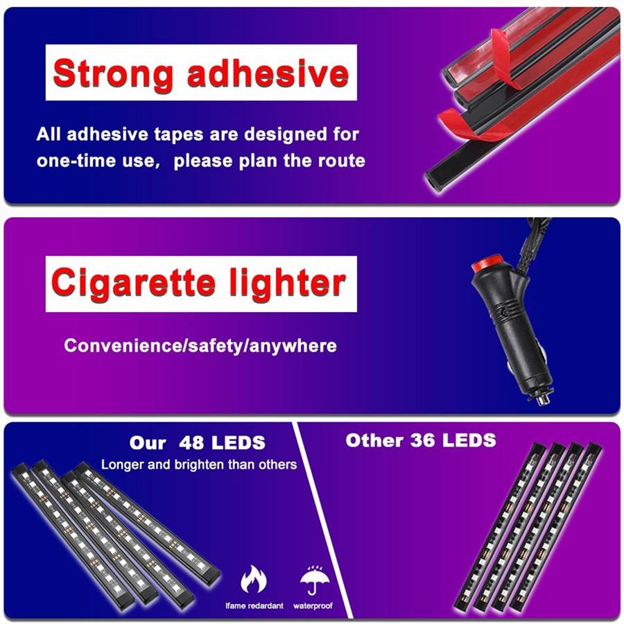 Car LED Strip Light 4Pcs 48 LED DC 12V Neon Strip Car Interior Led Decorative Lamp with Sound Active