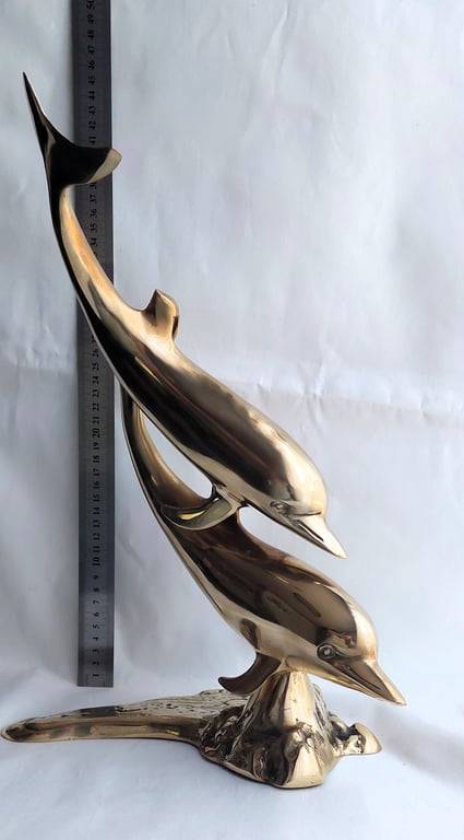Large (40 cm) Vintage Brass Pair of Swimming Dolphins secured on a Brass reef base