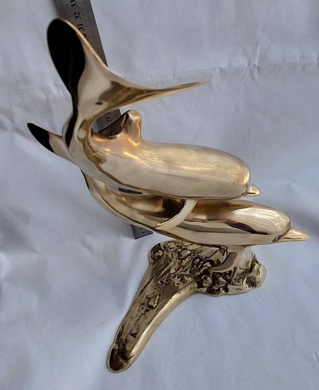 Large (40 cm) Vintage Brass Pair of Swimming Dolphins secured on a Brass reef base