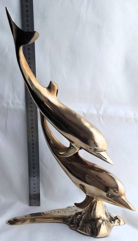 Large (40 cm) Vintage Brass Pair of Swimming Dolphins secured on a Brass reef base