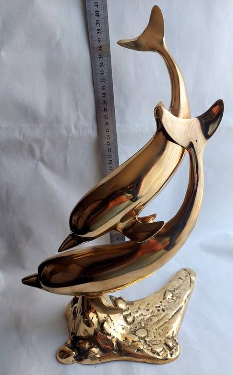 Large (40 cm) Vintage Brass Pair of Swimming Dolphins secured on a Brass reef base