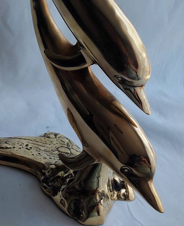 Large (40 cm) Vintage Brass Pair of Swimming Dolphins secured on a Brass reef base