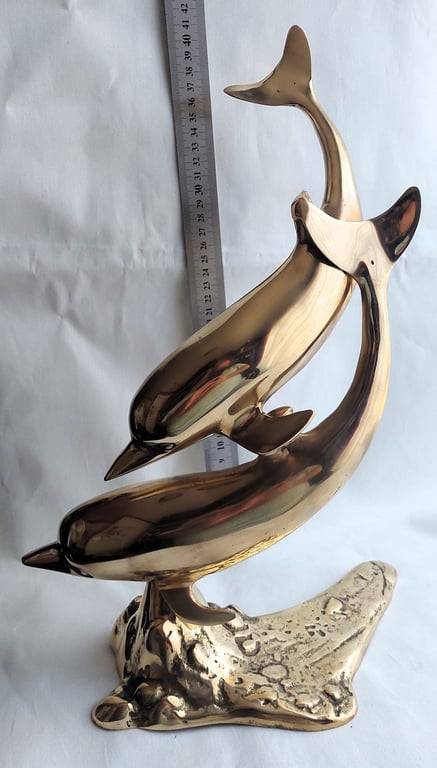 Large (40 cm) Vintage Brass Pair of Swimming Dolphins secured on a Brass reef base