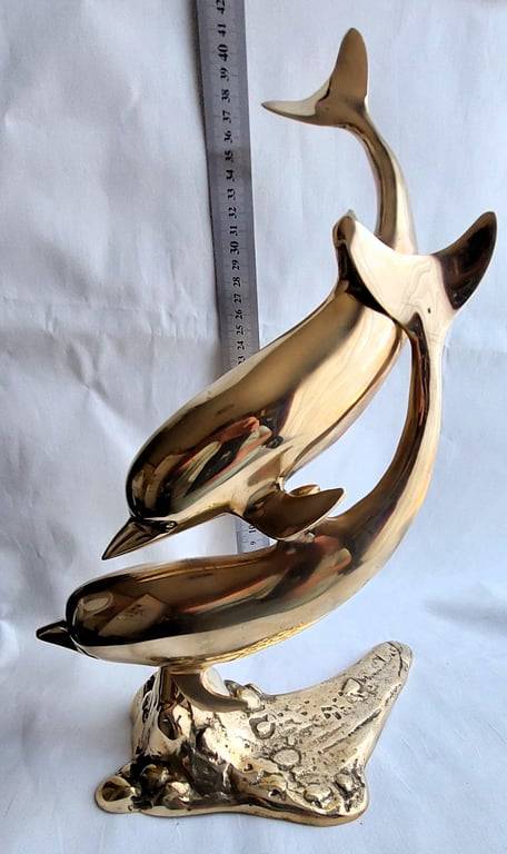 Large (40 cm) Vintage Brass Pair of Swimming Dolphins secured on a Brass reef base