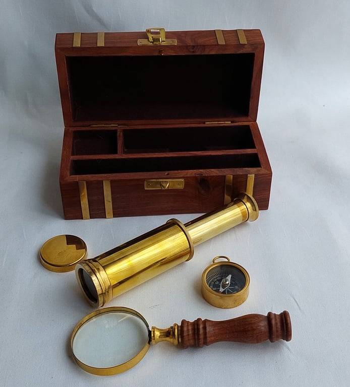 Decorative Nautical Set - Brass telescope, magnifying glass and compass in a wooden treasure chest