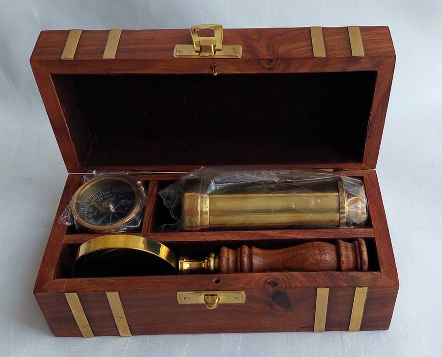 Decorative Nautical Set - Brass telescope, magnifying glass and compass in a wooden treasure chest