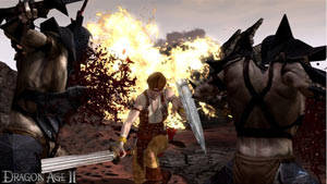 A female warrior battling enemies in Dragon Age II