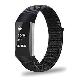 FINTIE Fitbit Charge 3 Strap Large Nylon Sport Loop Breathable Replaceme (L(180mm-245mm))(Black)