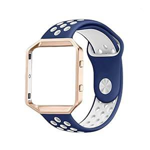 Ontube for Fitbit Blaze Bands, Sport Silicone Replacement Strap with Rose Gold Frame for Fitbit Blaze Smart Fitness Watch Frame included (Navy/WhiteRose Gold Small)