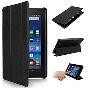 2015 New Fire 7' Case - Oenbopo Premium Ultra Slim Leather Folio Stand Case Cover for Amazon New Fire 7' Tablet 2015 Version Tablet Only (Black)