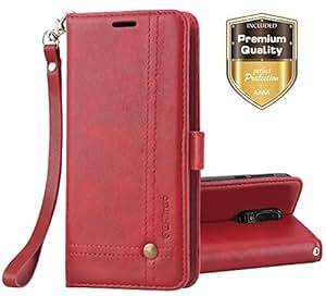 Ferlinso OnePlus 6 Case,Elegant Retro Leather with ID Credit Card Slot Holder Flip Cover Stand Magnetic Closure Case for OnePlus 6 (Red)