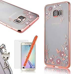 We Love Case For Samsung S6 Edge Plus Clear Case Secret Garden Soft TPU Cover With Plating Bumper Bling Glitter Design Butterfly Pattern Flexiable Gel Shell Protective Skin Cover Cell Phone Cases For Samsung Galaxy S6 Edge Plus Animal Dust Plug Stylus Free Screen Protector (Rose Golden)