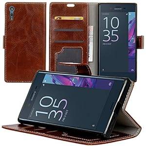 Sony Xperia XZ Case, Qosea Premium PU Leather Wallet Case with Card Holder and ID Slot Stand Flip Cover Case for Sony Xperia XZ Smartphone (Brown)