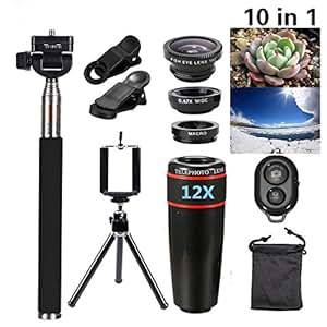 Camera lens kits,Elecguru 10 in 1 Mini Lens Kit 12x Telephoto Lens Fish Eye Lens Wide Angle Macro Lens Selfie Stick Monopod Bluetooth Remote Control Mini Tripod For iPhone 4S 5C 5S 5SE 6 6S Plus HTC LG XC311