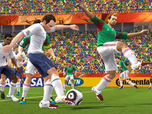 Dribbling a ball in the open field against a defender in 2010 FIFA World Cup