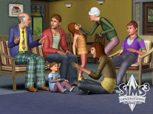 Sims from all generations sitting together in The Sims 3: Generations Expansion Pack Sims from all generations sitting together in The Sims 3: Generations Expansion Pack